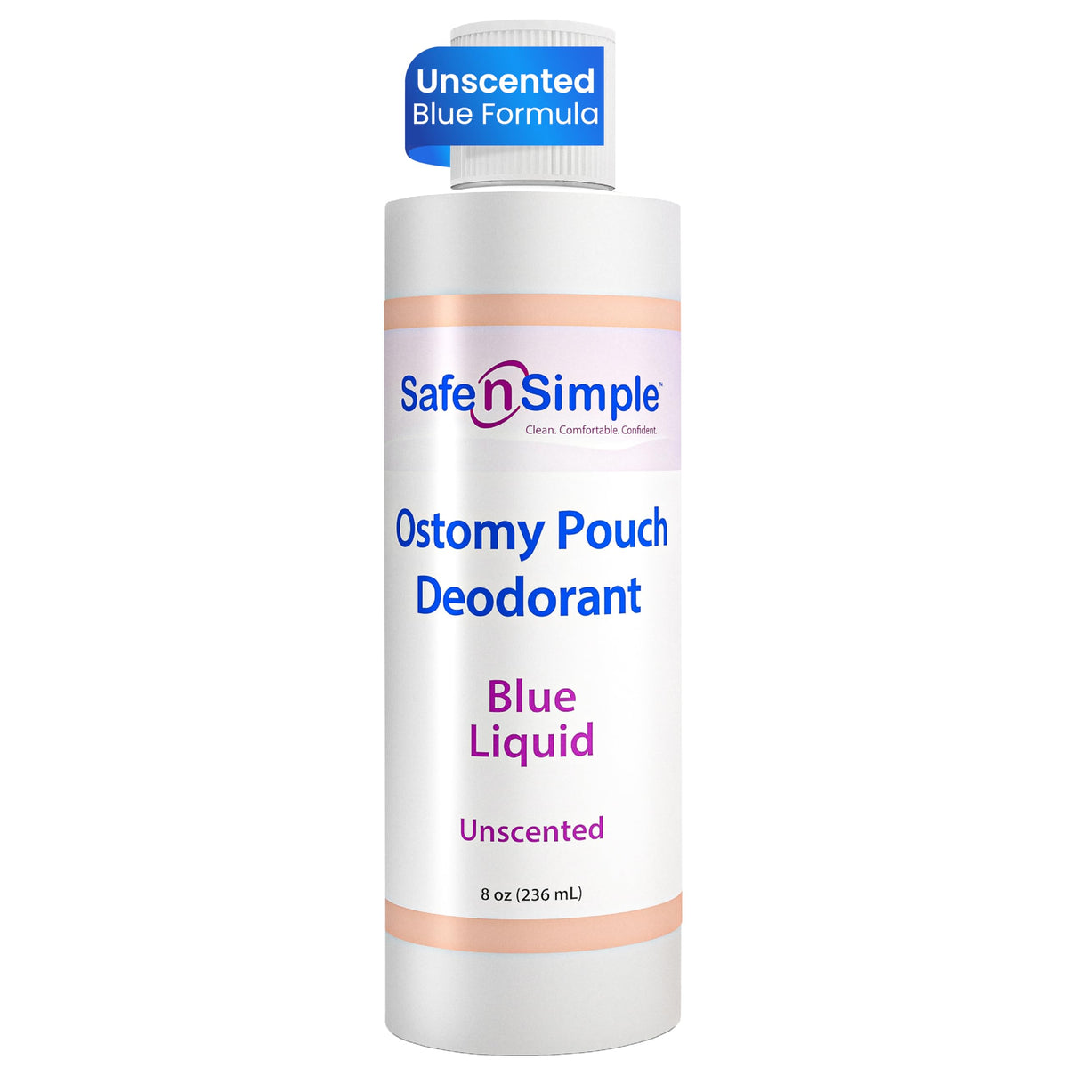 Safe n' Simple ostomy deodorant bottle with blue liquid for inside-pouch freshness