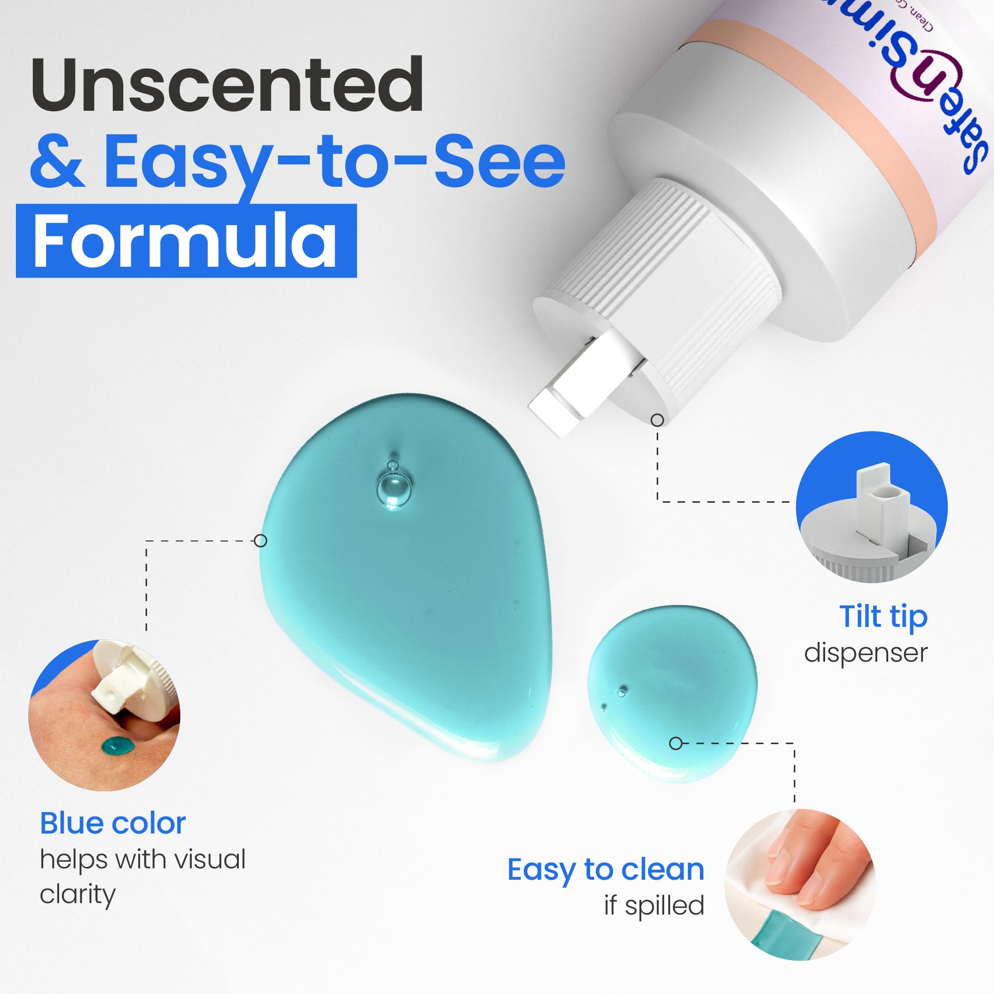 Blue liquid ostomy deodorant showing color-coded dosing convenience