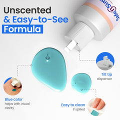 Blue liquid ostomy deodorant showing color-coded dosing convenience
