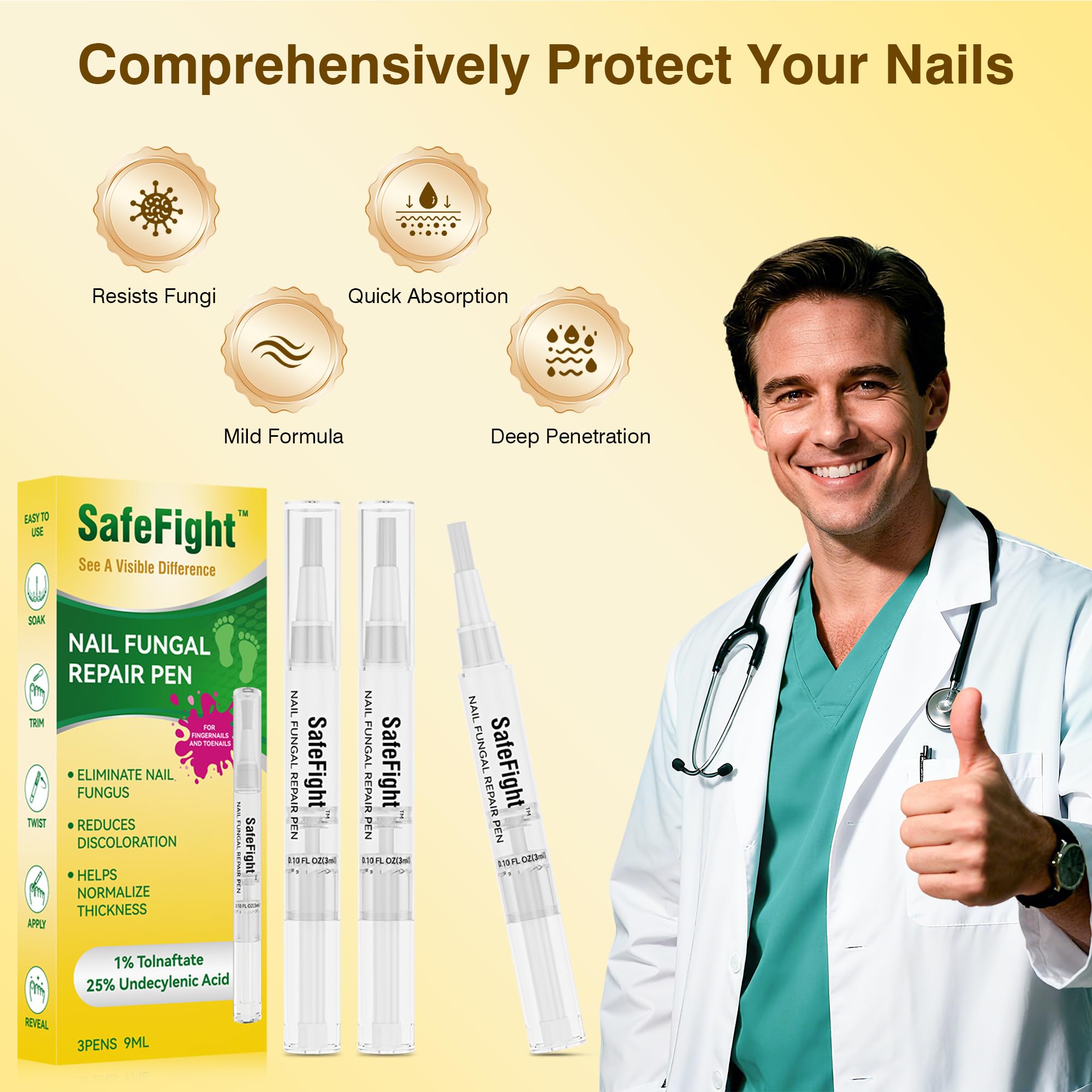 SafeFight pen penetrates toward the nail bed to address under-nail concerns.