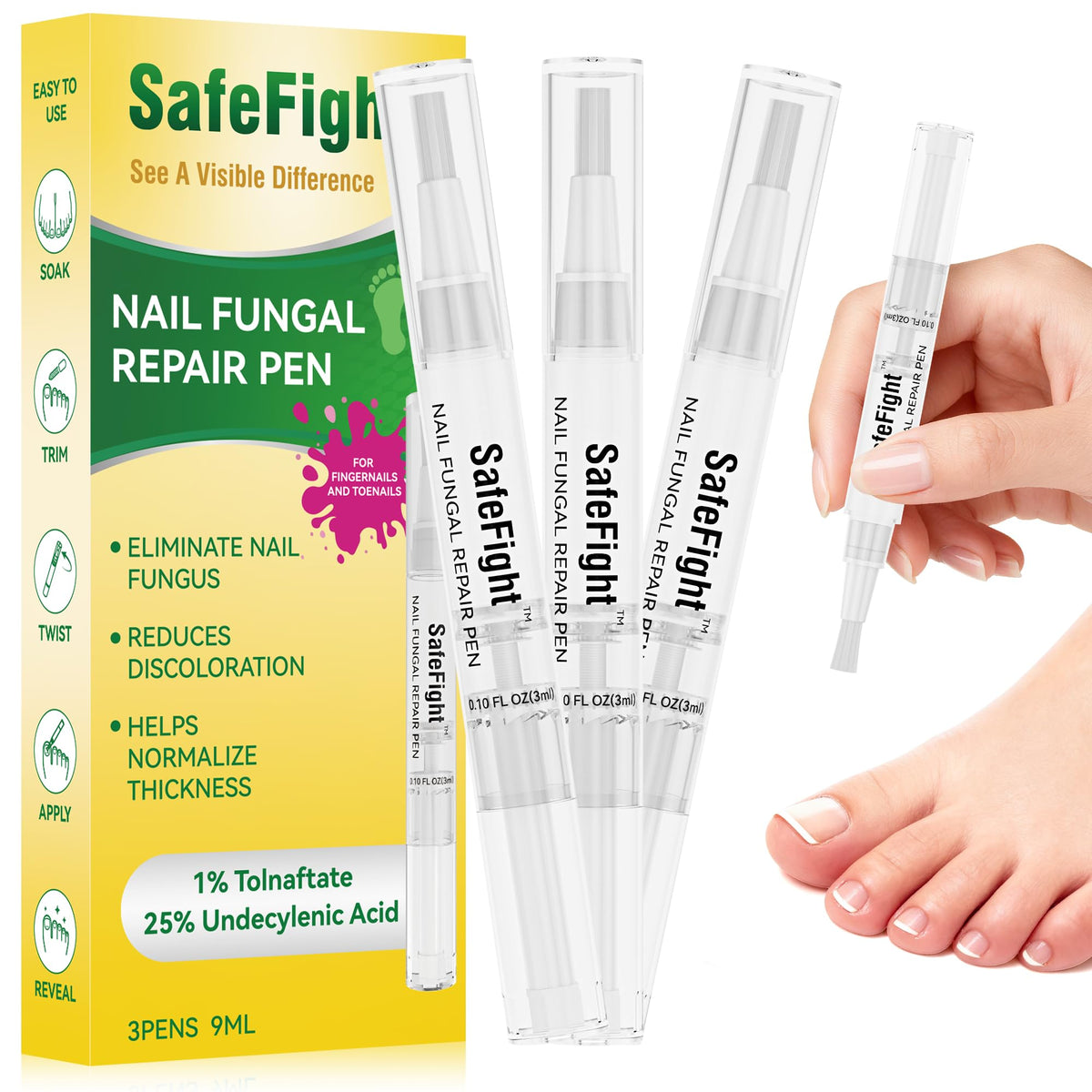 SafeFight toenail fungi pen packaging shown for daily use.