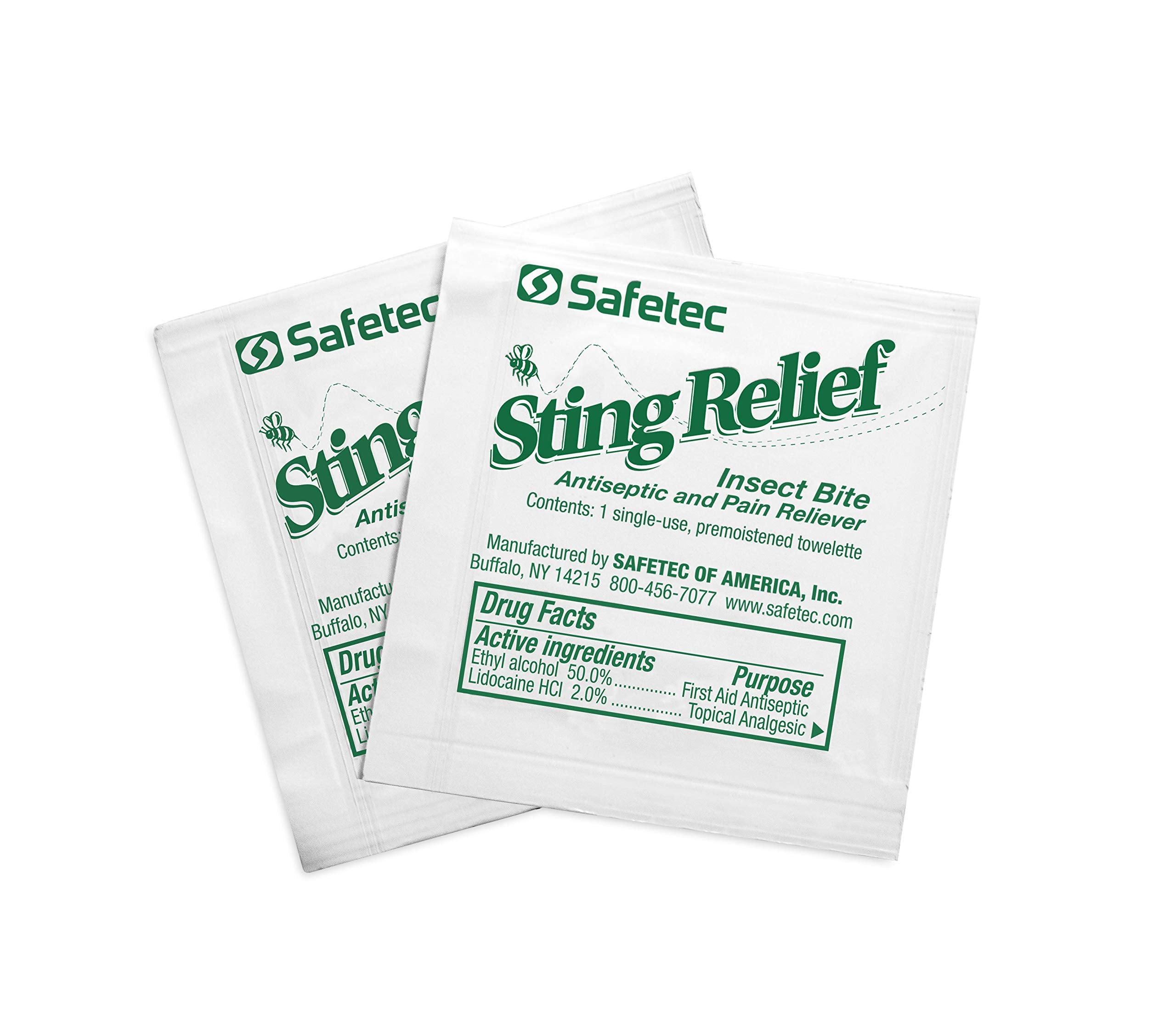 Safetec Sting Relief Wipes 150-count box ideal for travel and family