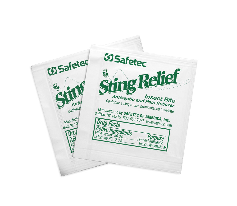 Safetec Sting Relief Wipes 150-count box ideal for travel and family