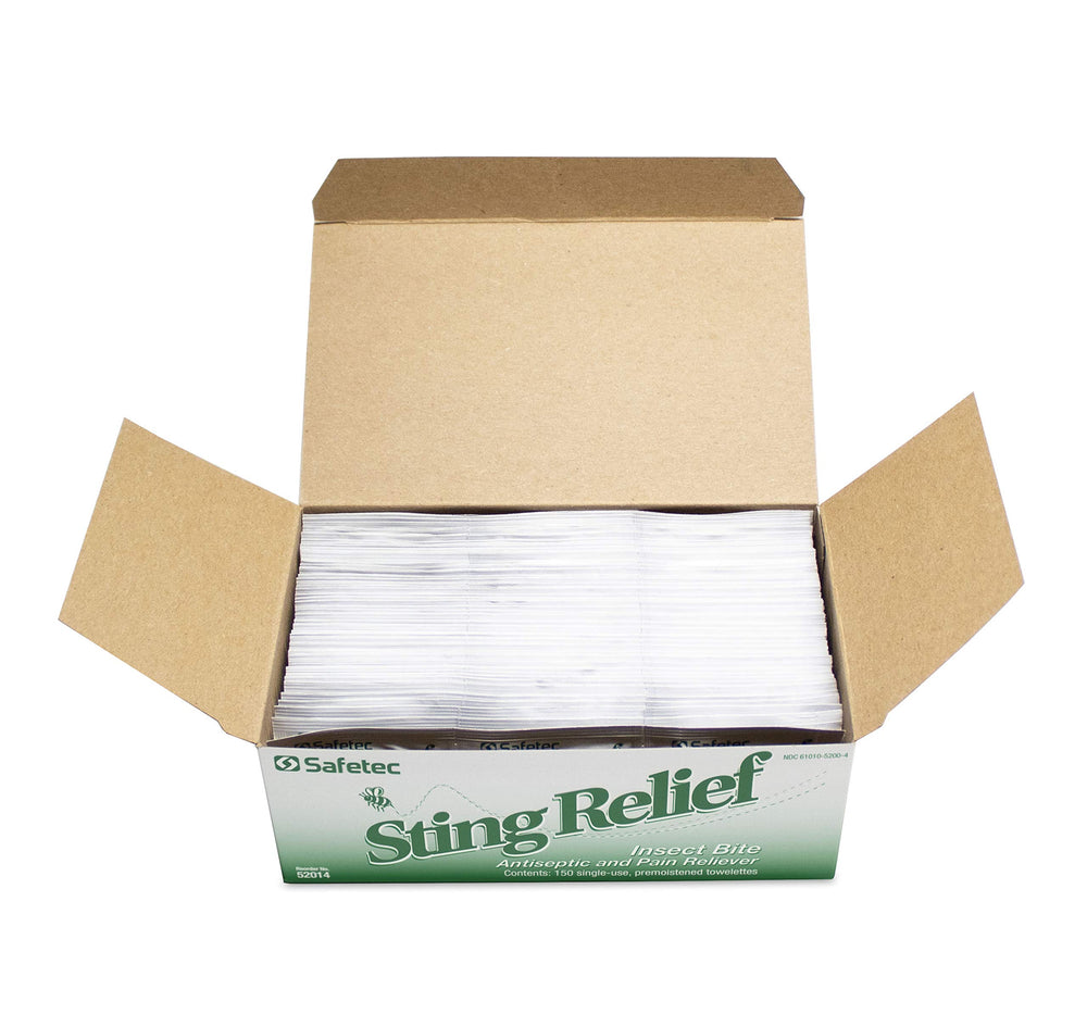 Bulk Safetec Sting Relief Wipes case pack highlighting bulk value