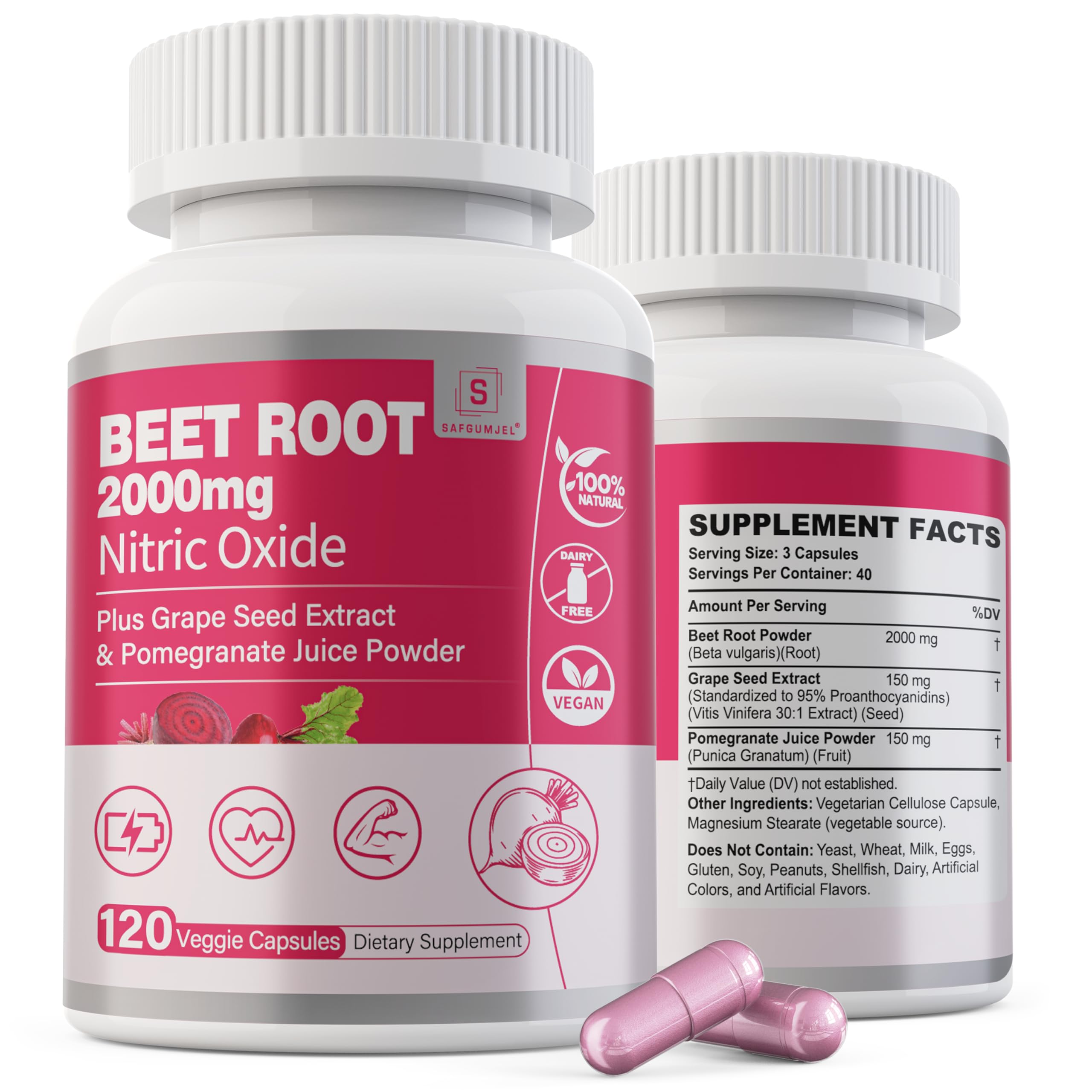 Safgumjel Beet Root Capsules bottle on counter, supports healthy blood flow