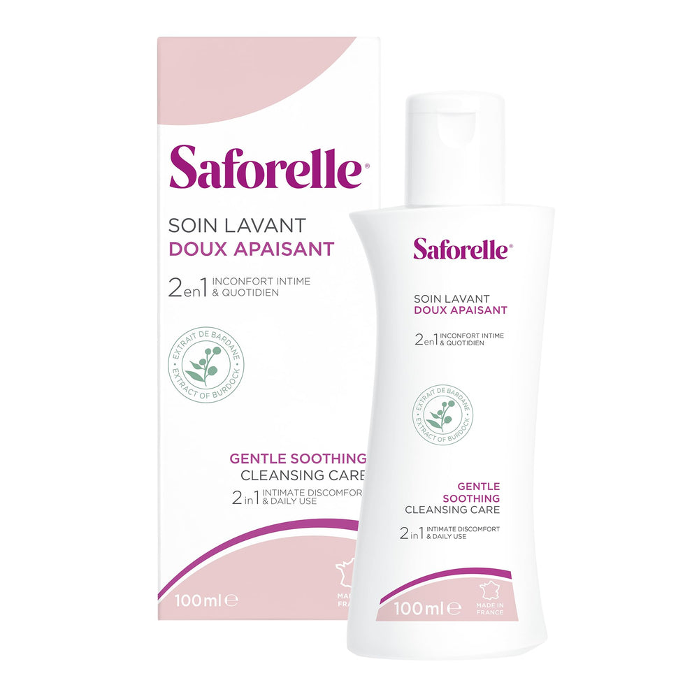 Saforelle Gentle Cleansing Care bottle pump close-up for quick, gentle application.