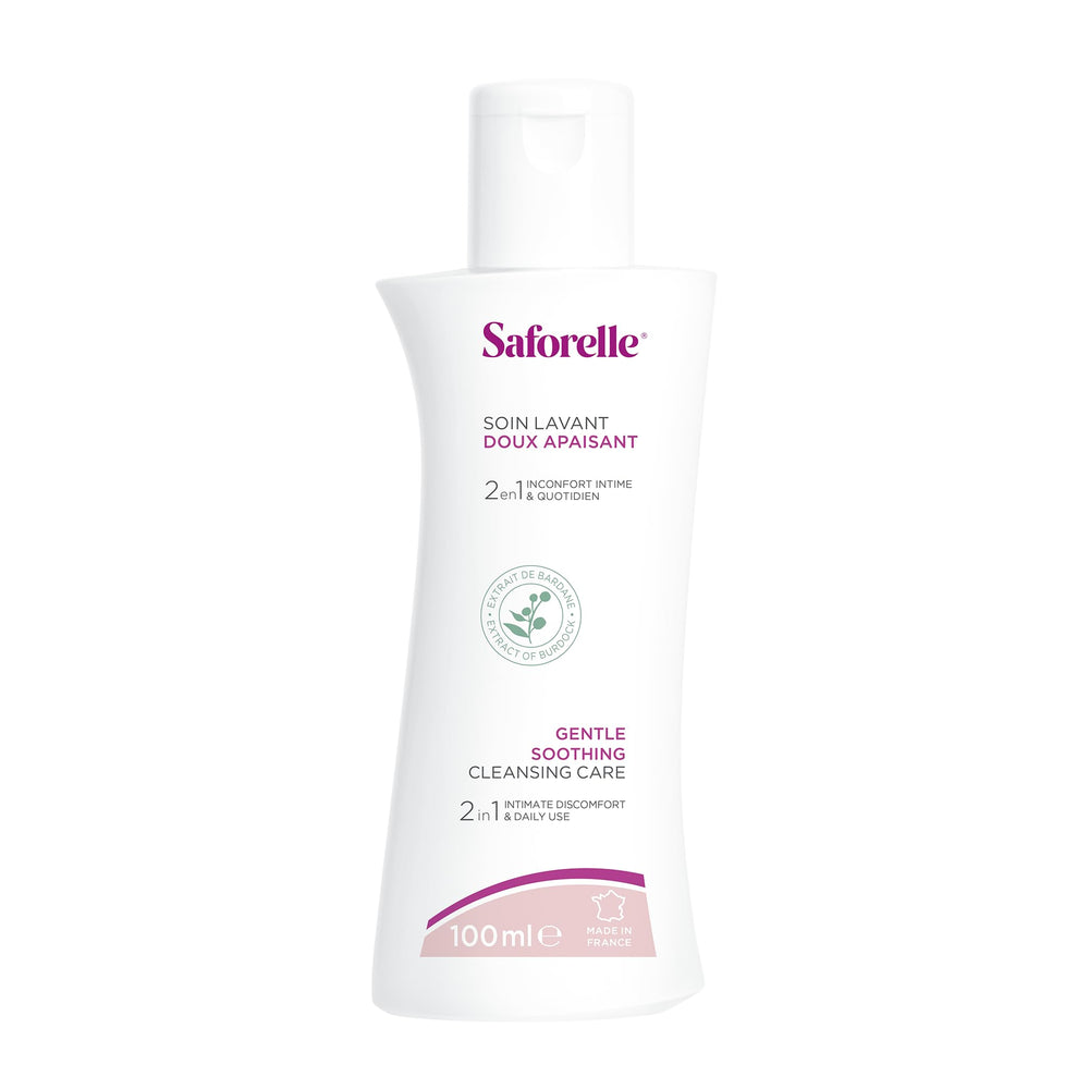 Saforelle gentle cleansing texture close-up showing a soft, mild lather.