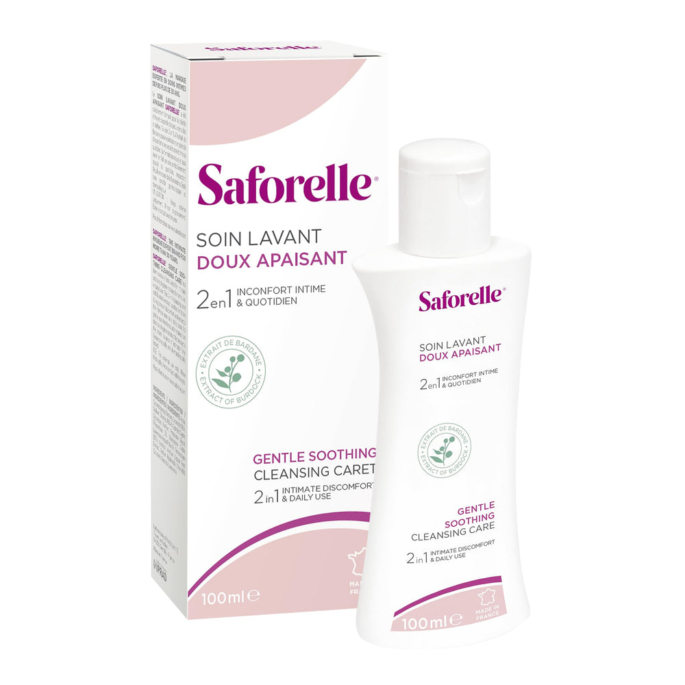 Saforelle preservative-free dye-free label underscores clean formulation.