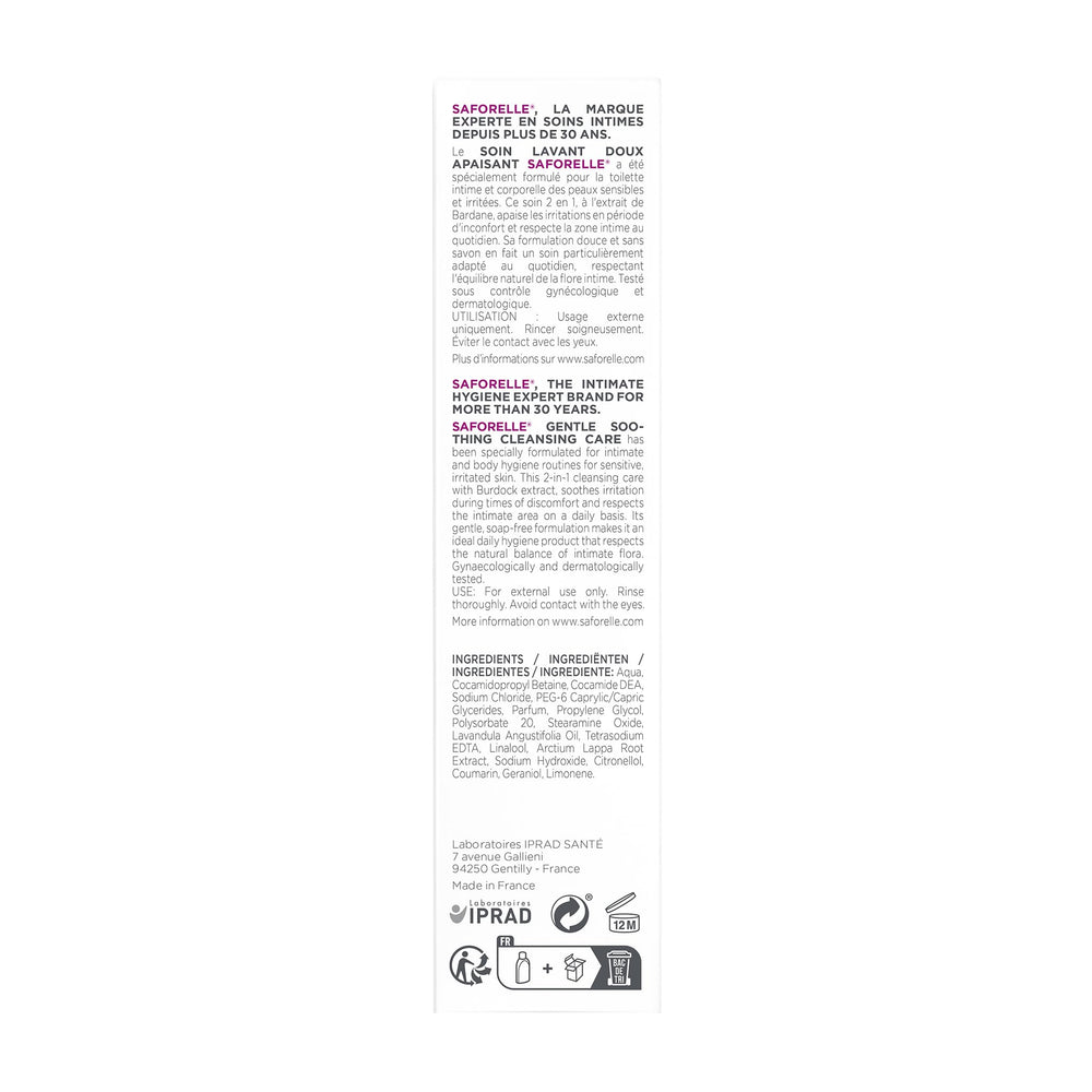 Saforelle soft alkaline pH badge signals skin-friendly cleansing.