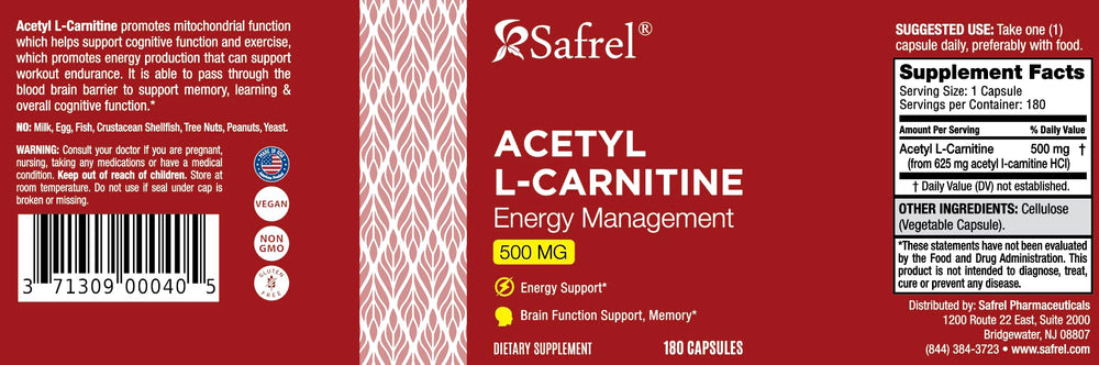 Safrel Acetyl L-Carnitine capsules pack illustrating value and consistency for daily use