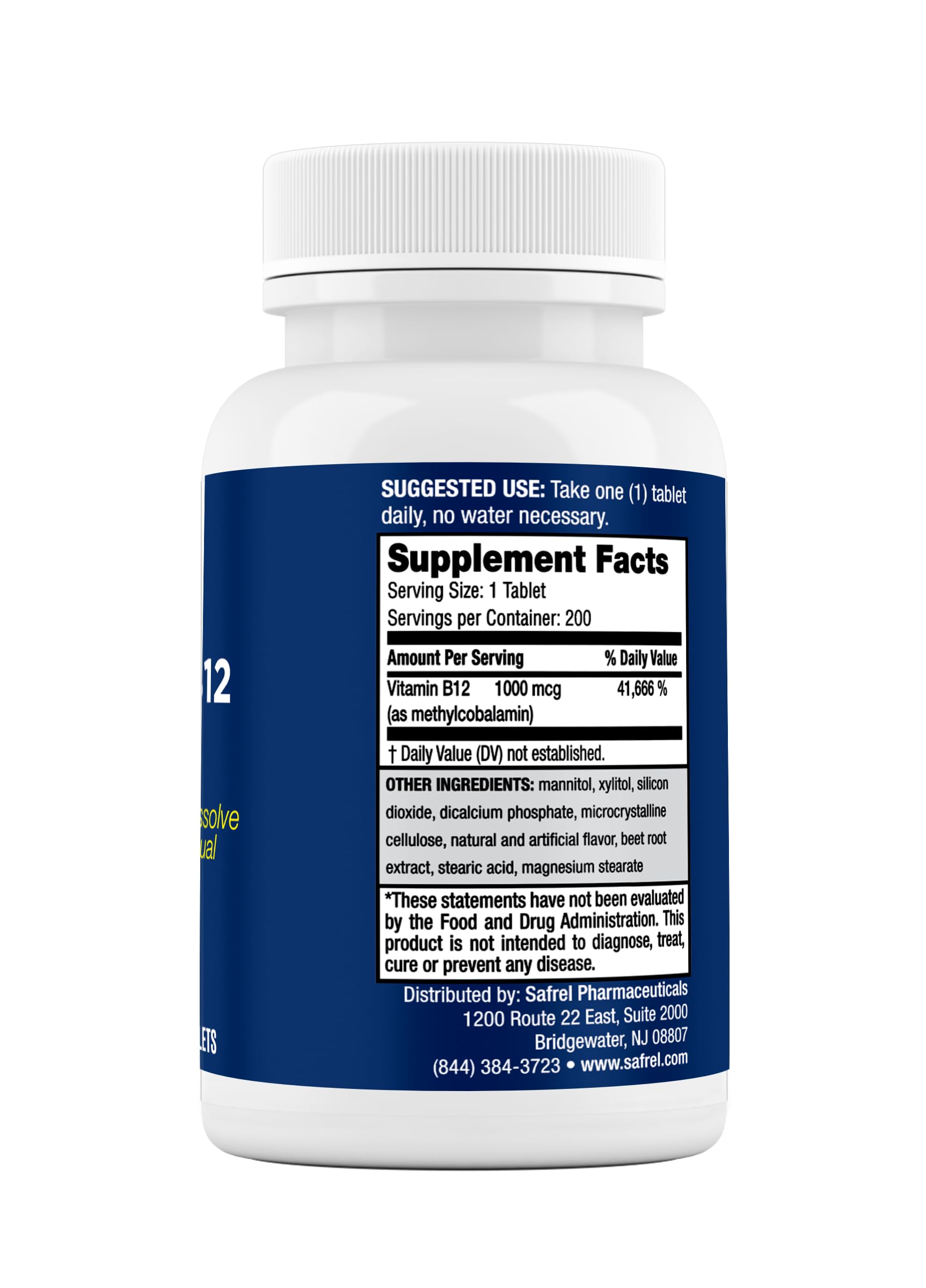 Safrel B12 cherry-flavor tablets ready to dissolve with pleasant taste.