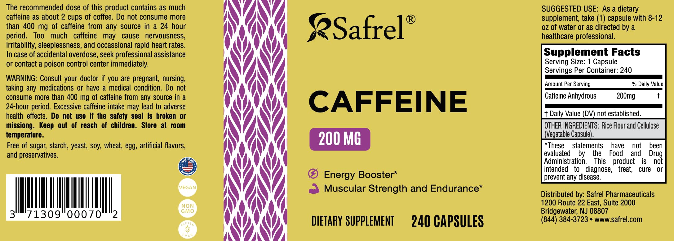 Safrel caffeine pills bottle travel-pack ready for on-the-go use.