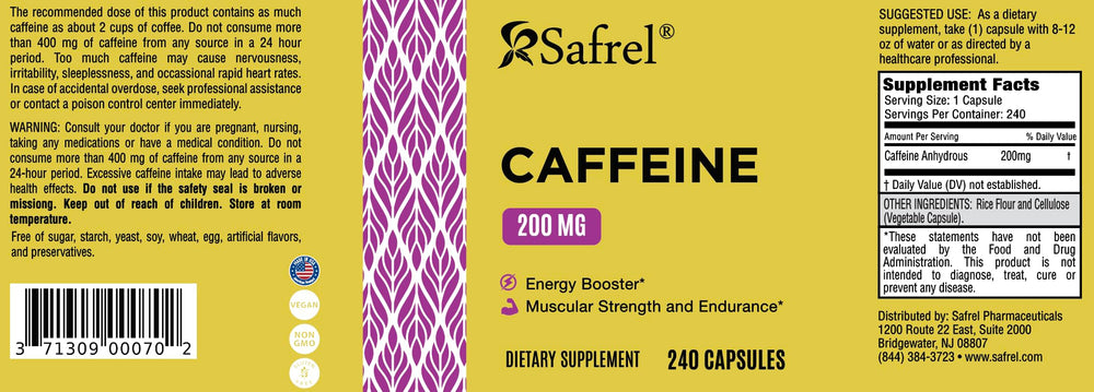 Safrel caffeine pills bottle travel-pack ready for on-the-go use.