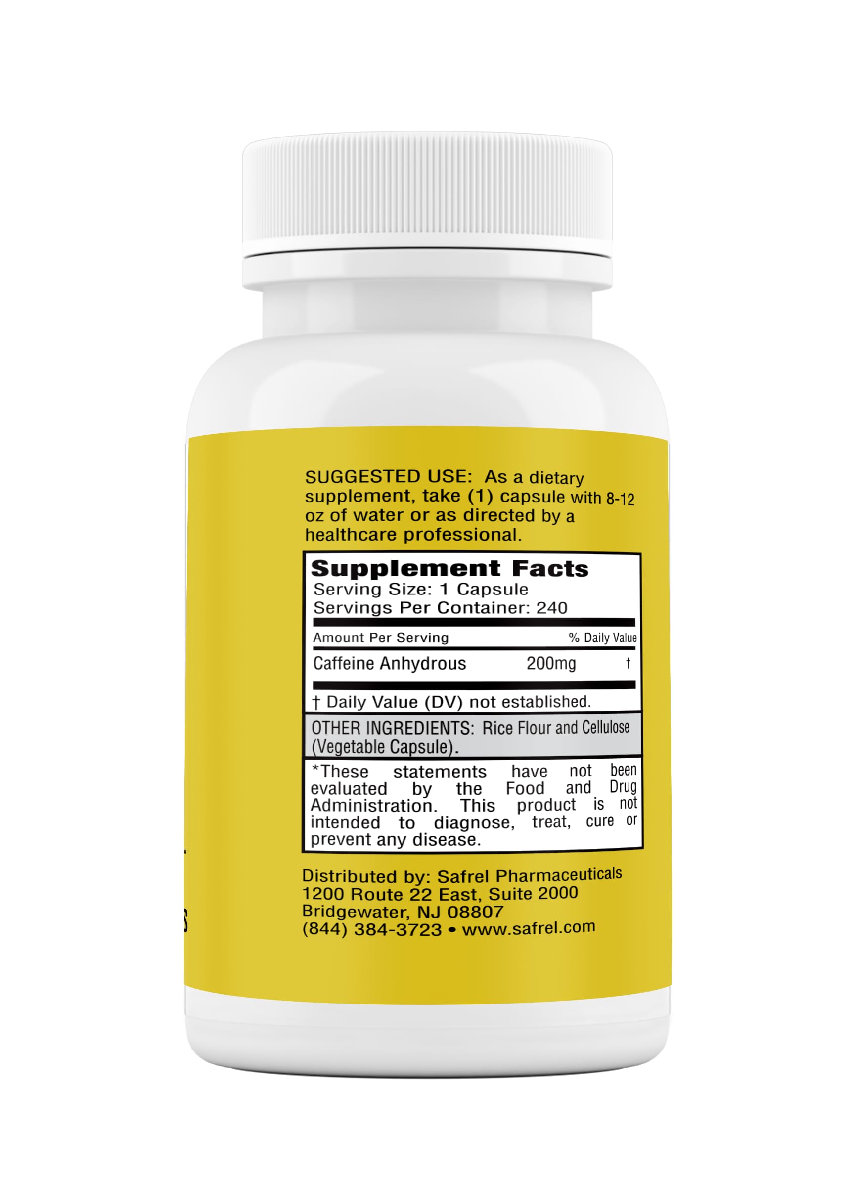 Safrel caffeine pills capsule close-up highlights strength and focus aid.