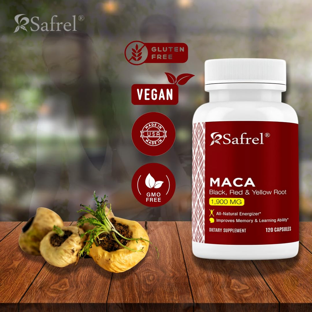 Safrel maca capsules closeup for simple daily dosing and sustained energy.