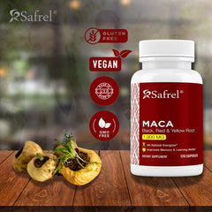 Safrel maca capsules closeup for simple daily dosing and sustained energy.