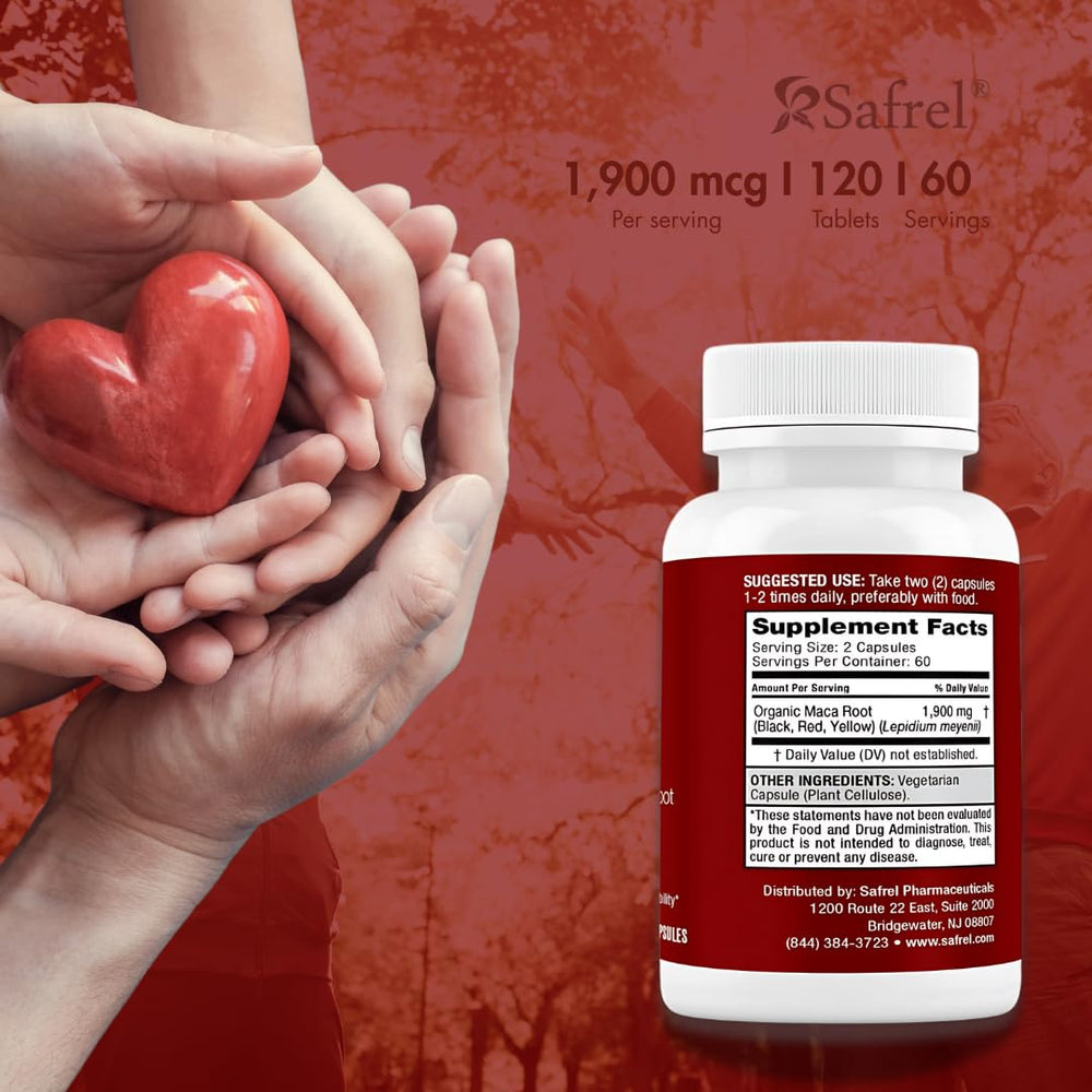 Safrel triple-blend maca bottle highlights red, black, and yellow varieties.