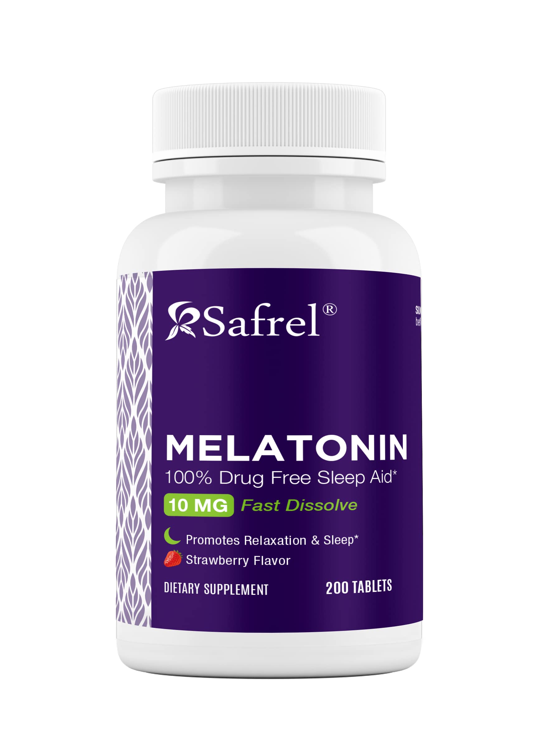 Safrel melatonin 10mg fast dissolve bottle with strawberry flavor for easy bedtime use