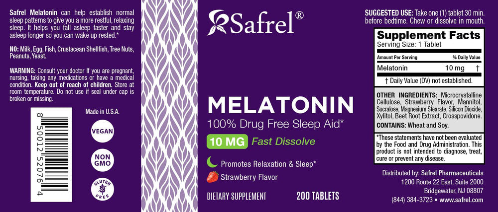 Safrel melatonin 10mg vegan gluten free non GMO strawberry flavor bottle supports bedtime routine