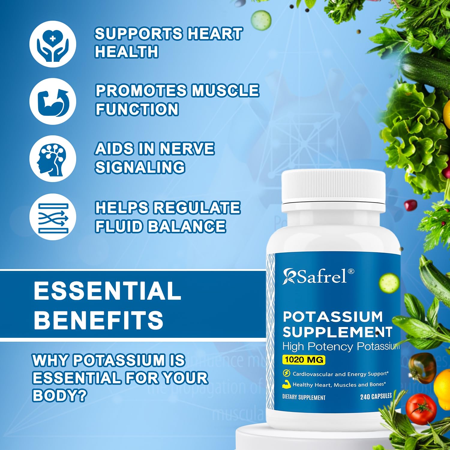 Safrel potassium capsules vegetarian offer convenient daily supplementation.