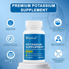 Safrel Potassium 1020 mg label closeup highlighting clean ingredients.