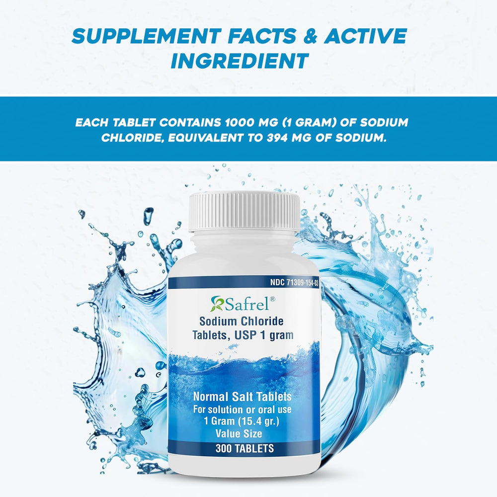 Display of Safrel packaging with 300-count bottle for daily use.