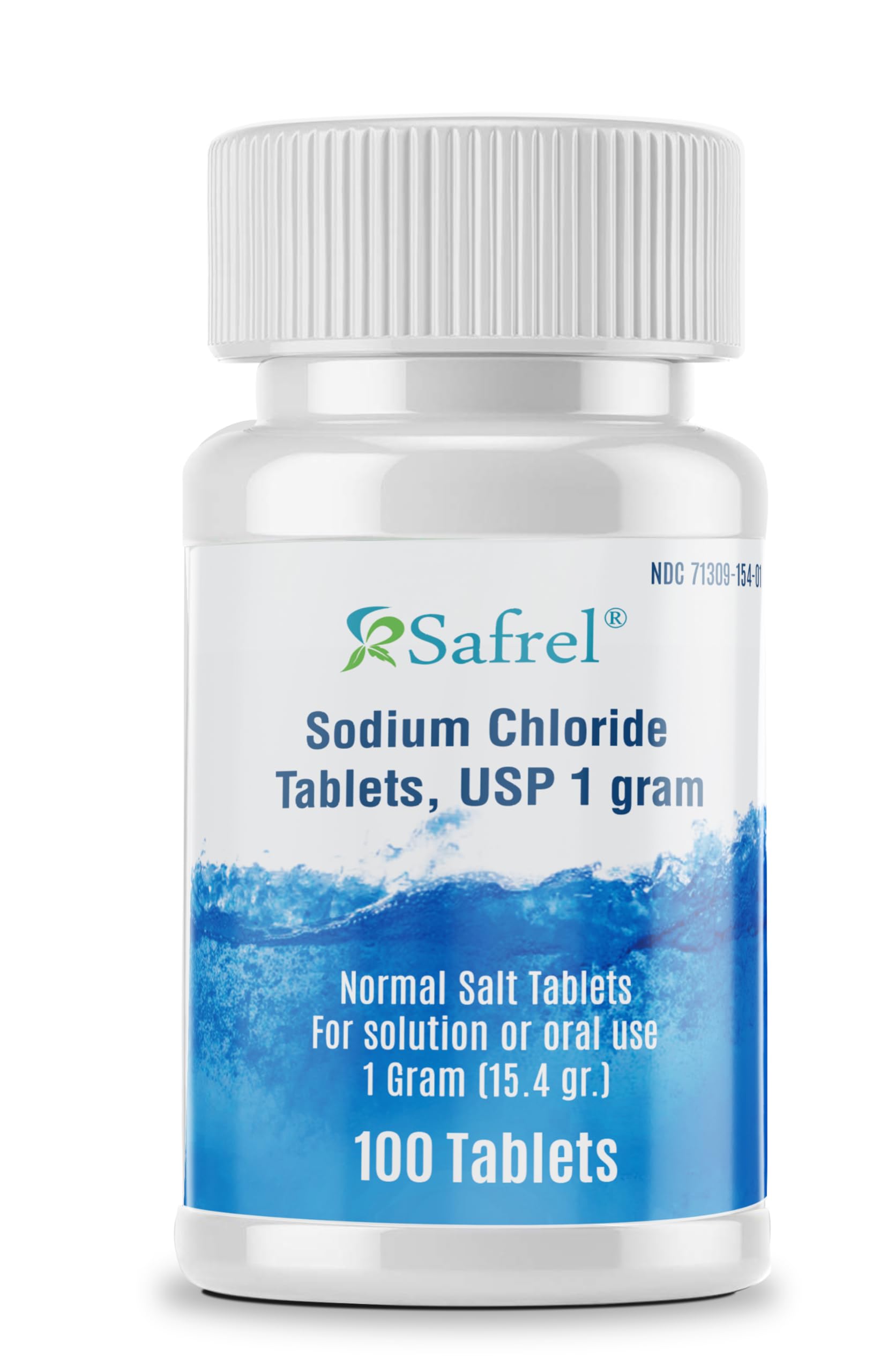 Safrel tableta de cloruro de sodio USP 1 g, empaque práctico para recargar electrolitos.