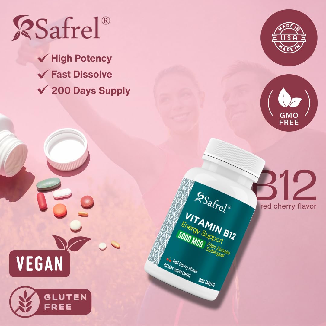 Close-up of Safrel B12 sublingual tablets showing fast-dissolve under-tongue use.