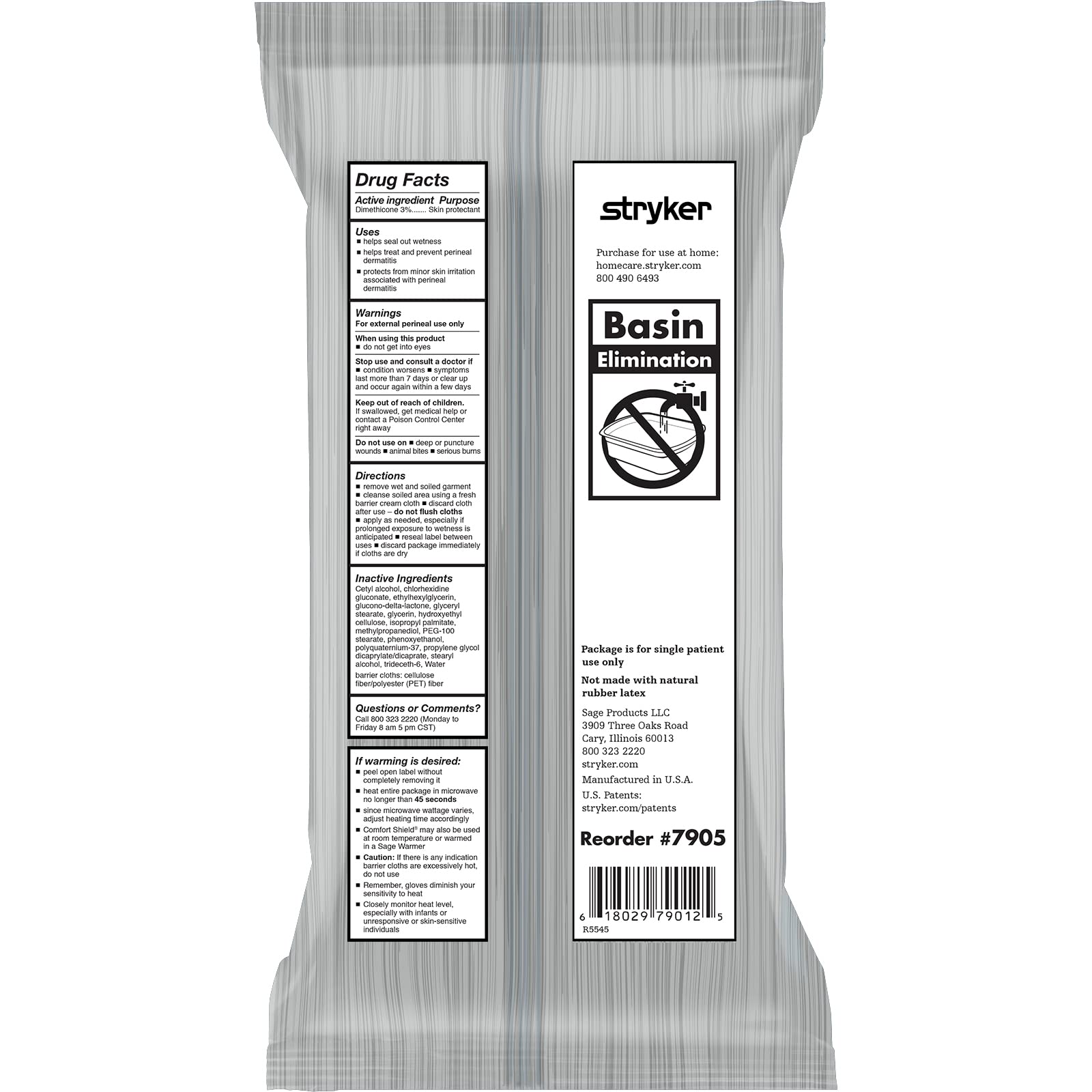Back label on Sage Comfort Shield showing one-step clean and protect features