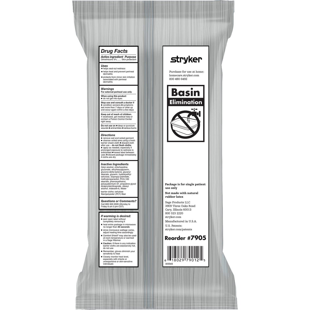 Back label on Sage Comfort Shield showing one-step clean and protect features