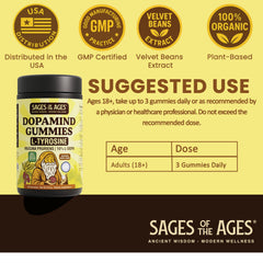 closeup of the dopamind label highlighting tyrosine and l-dopa ingredients for focus.