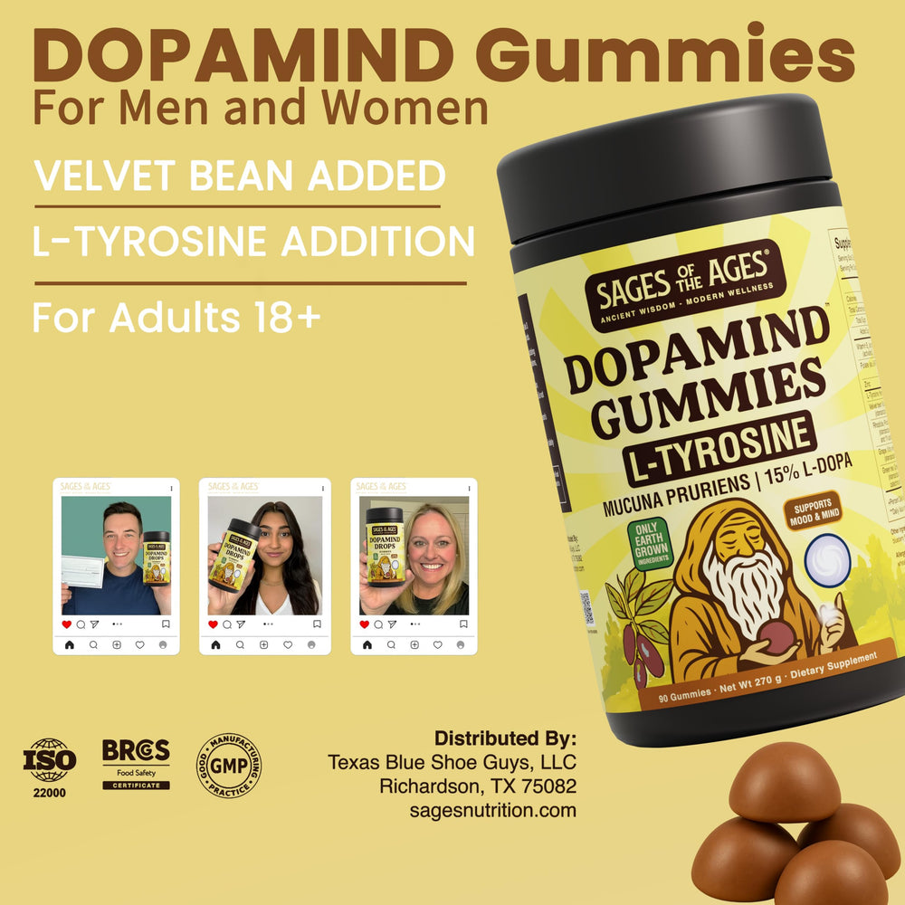 sages-of-the-ages dopamind gummies packaging box, premium vegetarian formula.