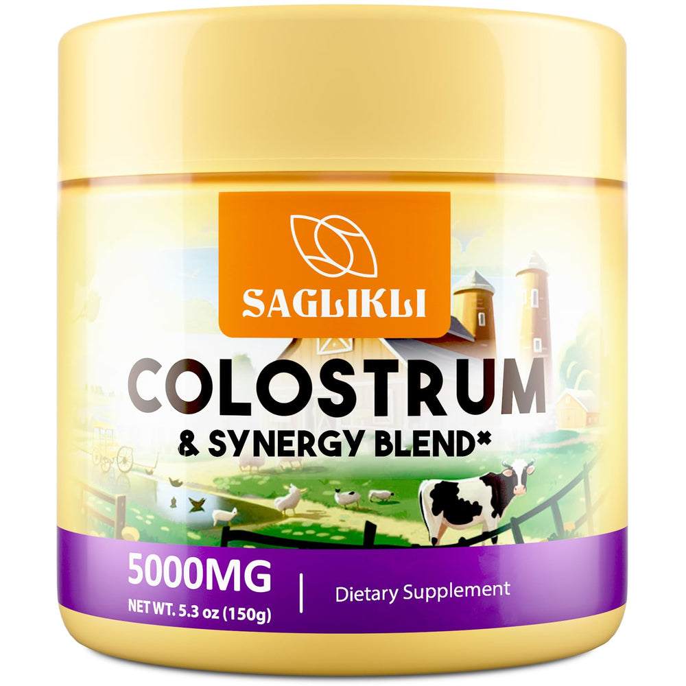Saglikli Colostrum Powder bottle highlights 5000 mg formula for daily nourishment.