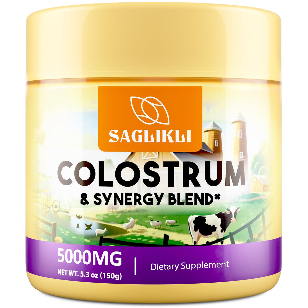 Saglikli Colostrum Powder bottle highlights 5000 mg formula for daily nourishment.