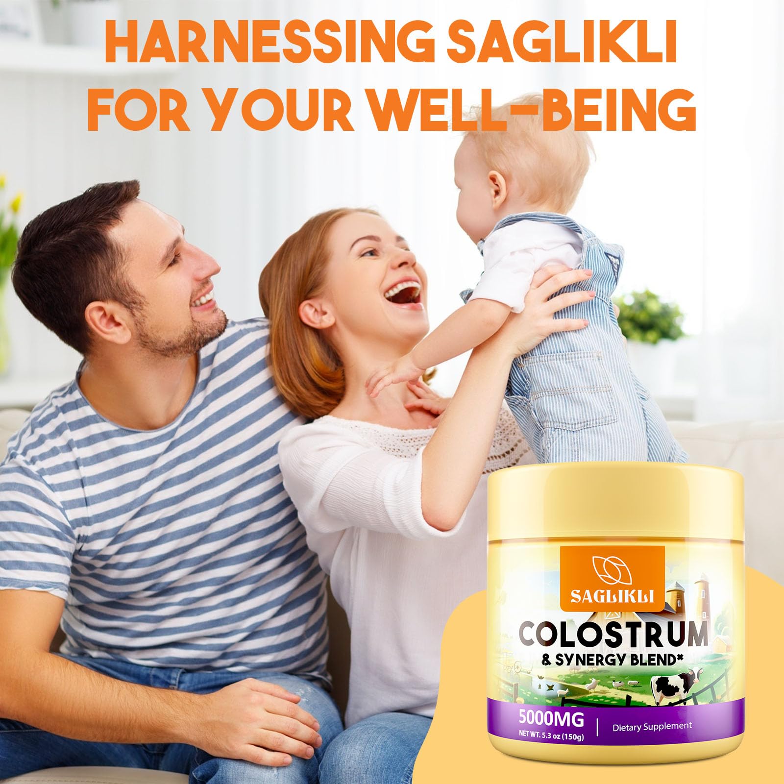 Saglikli Colostrum Powder daily-use scene depicts a simple wellness routine.