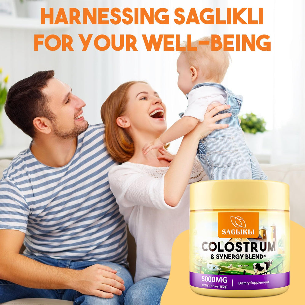 Saglikli Colostrum Powder daily-use scene depicts a simple wellness routine.