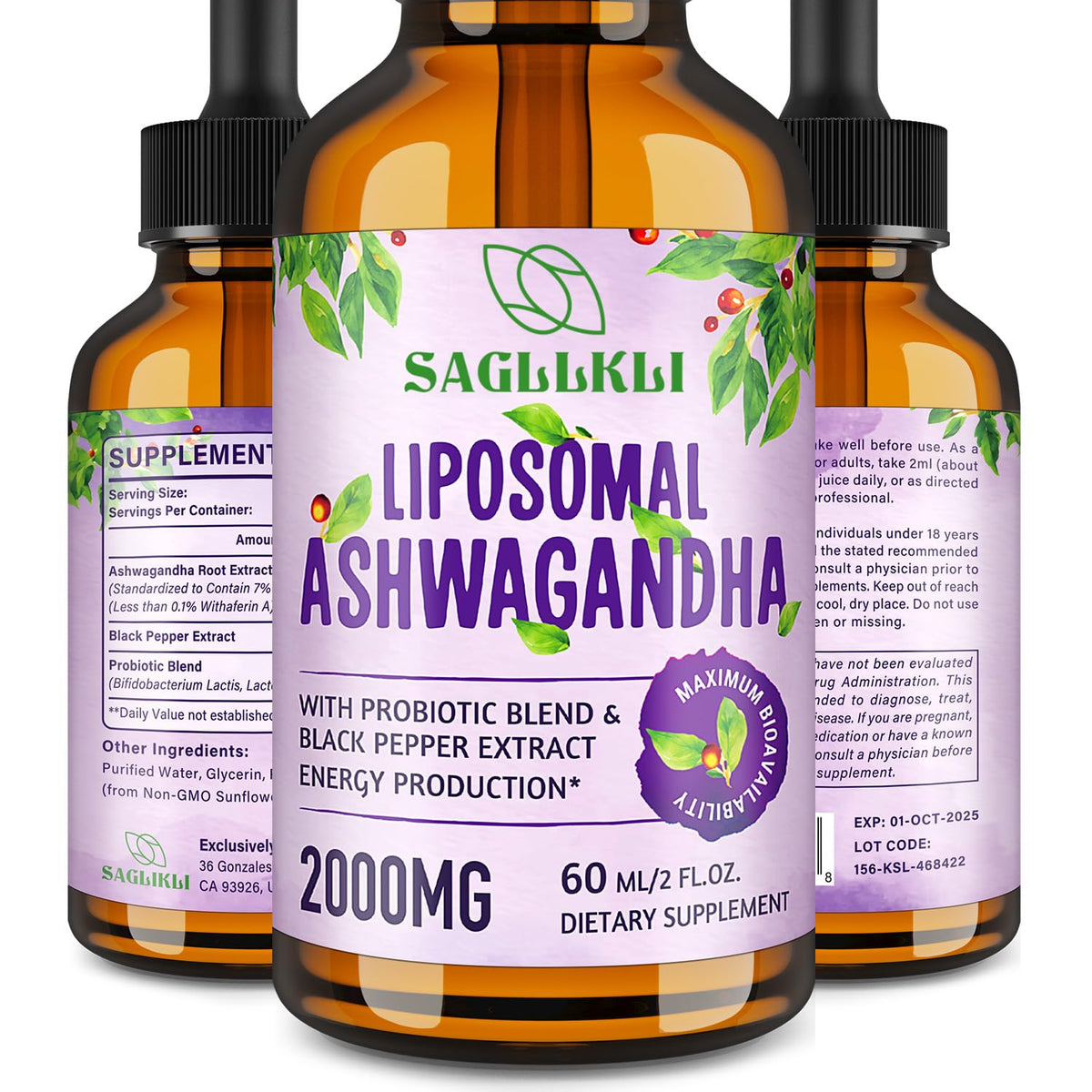 Sagllkli liposomal ashwagandha bottle for daily energy support.