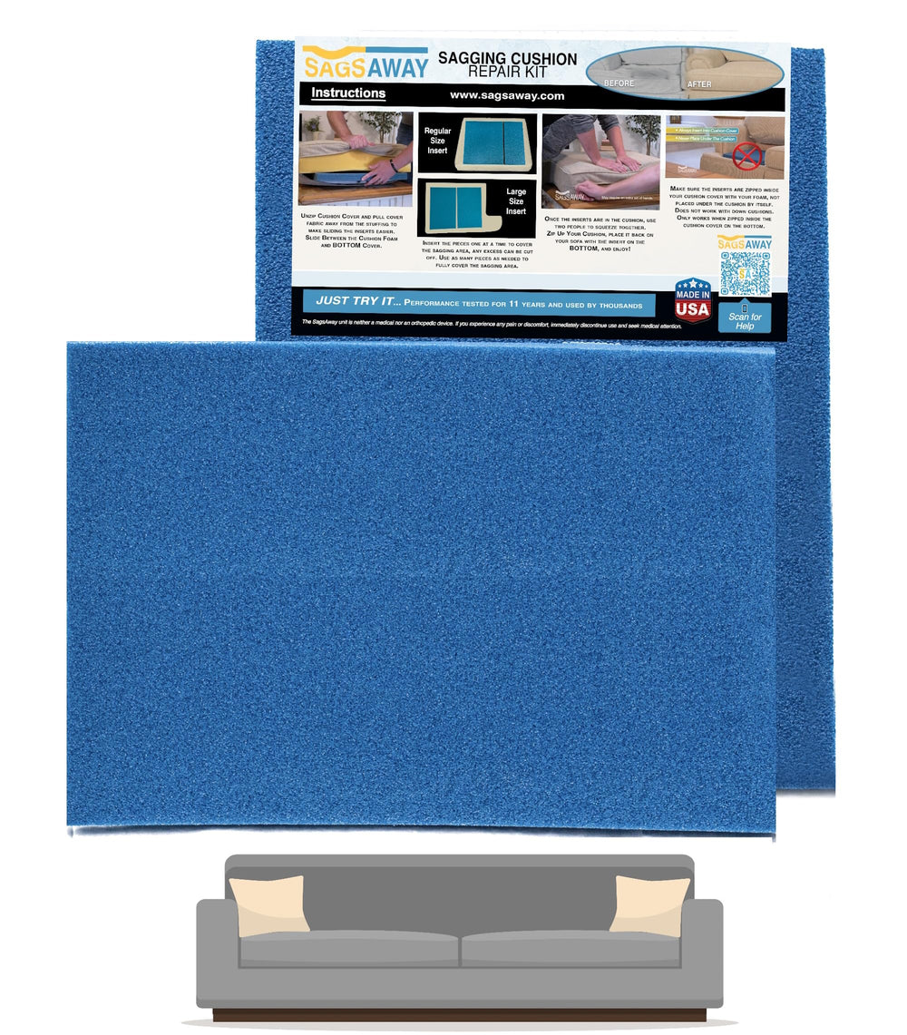 SagsAway large cushion kit inserted inside cushion to restore thickness and comfort.