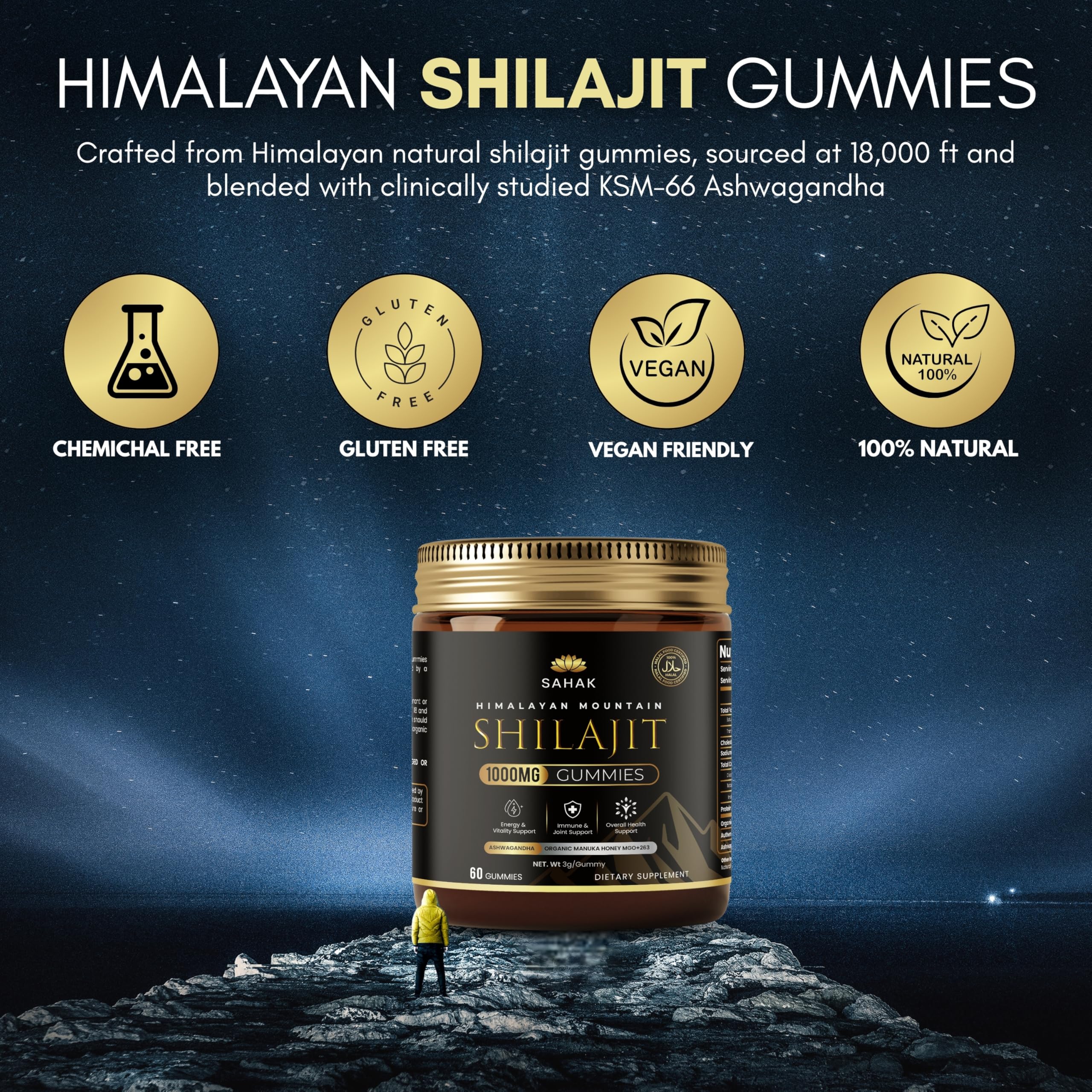 SAHAK Shilajit Gummies ashwagandha-honey blend visual suggests balanced energy.