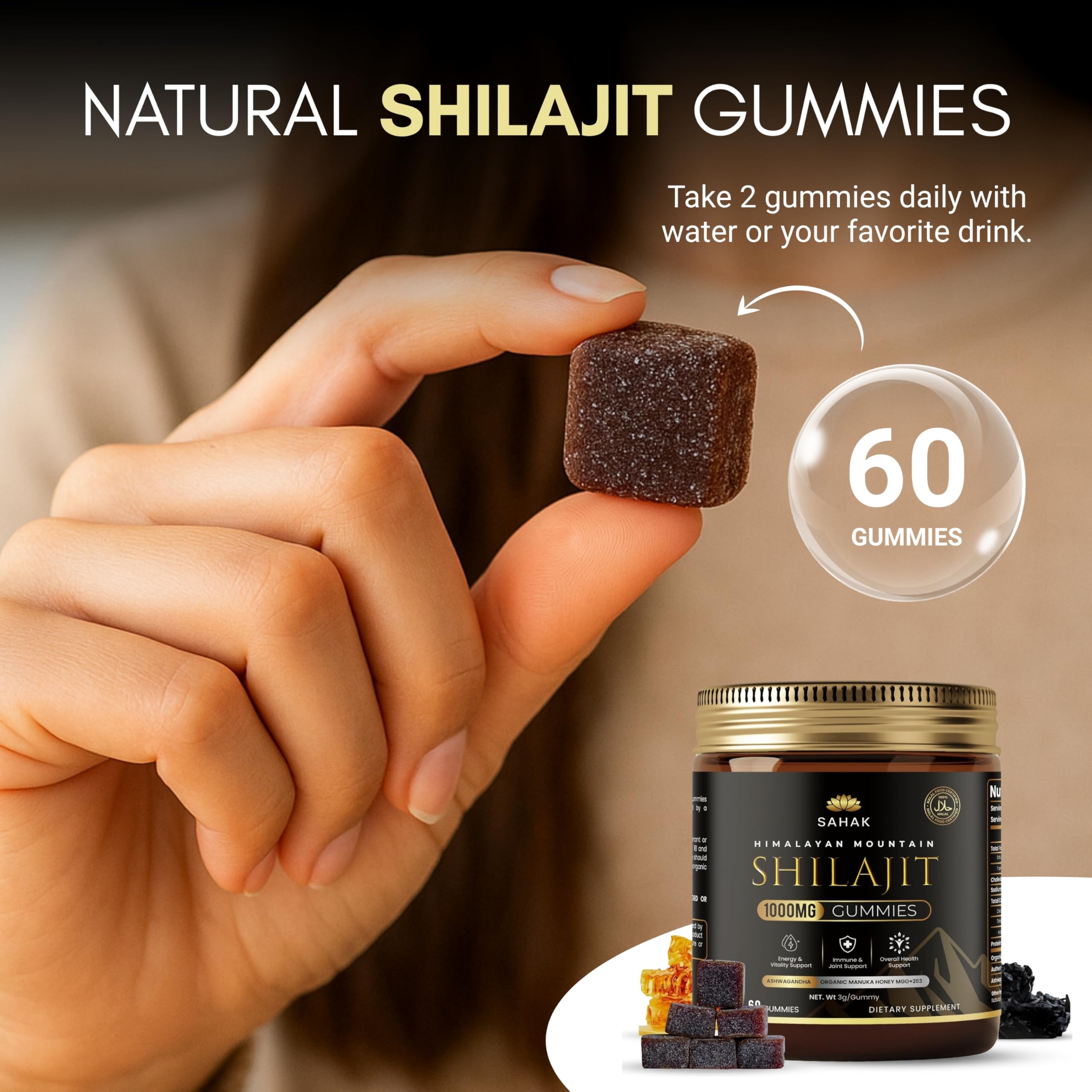 SAHAK Shilajit Gummies bottle closeup highlighting easy daily energy and flavor.