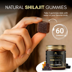 SAHAK Shilajit Gummies bottle closeup highlighting easy daily energy and flavor.