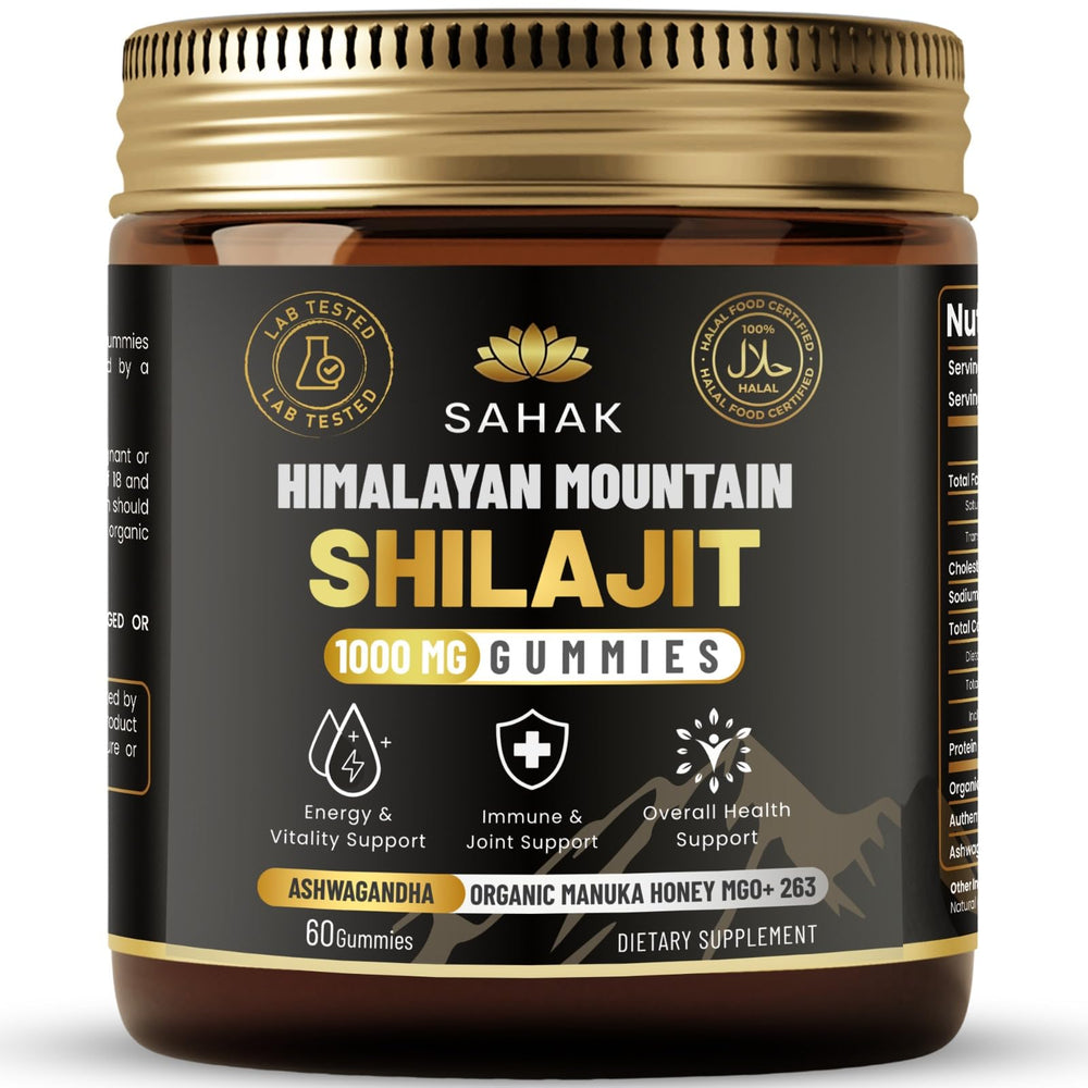 SAHAK Shilajit Gummies bottle front displaying Himalayan strength for daily vitality.