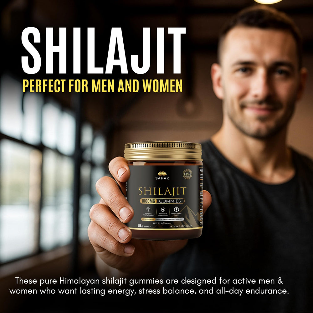 SAHAK Shilajit Gummies lab-tested badge on packaging signals purity.