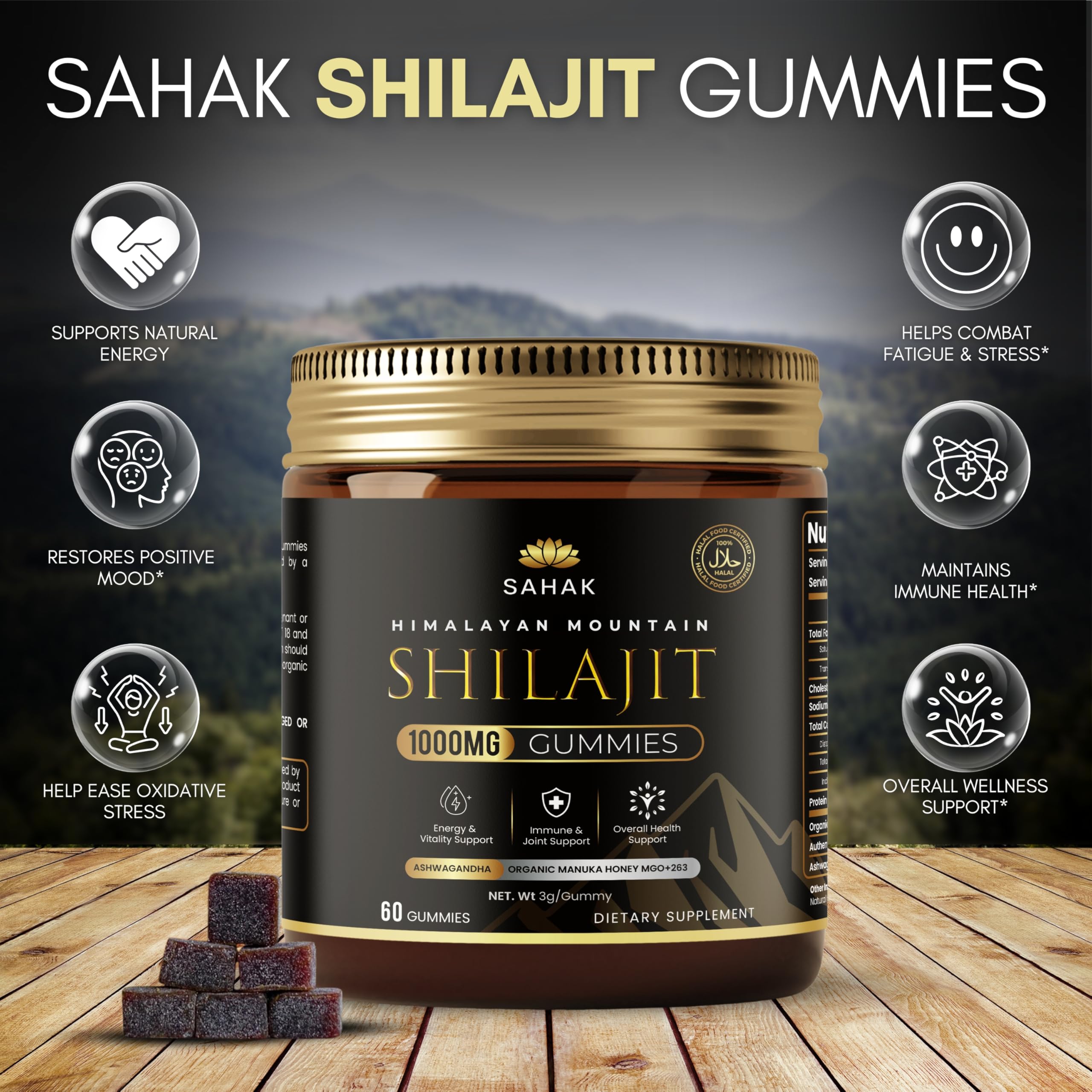 SAHAK Shilajit Gummies packaging box shows convenient daily wellness.