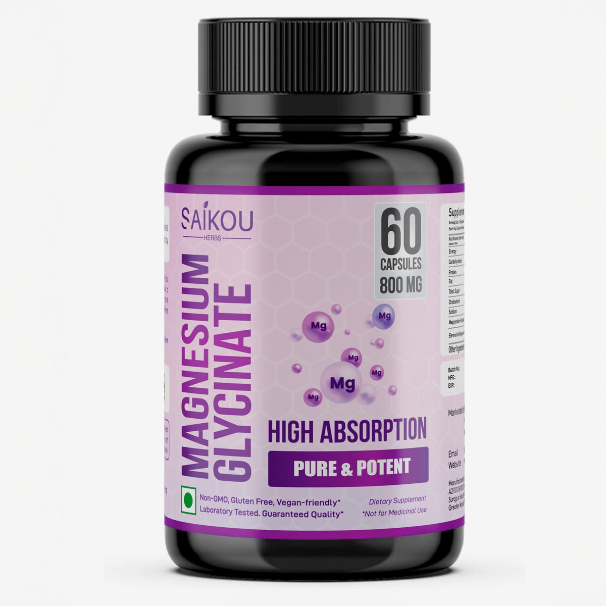 SAIKOU HERBS Magnesium Glycinate bottle with capsules for daily mineral support.