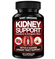 Saint Mingiano Kidney Support detox bottle displays cranberry blend for urinary wellness.