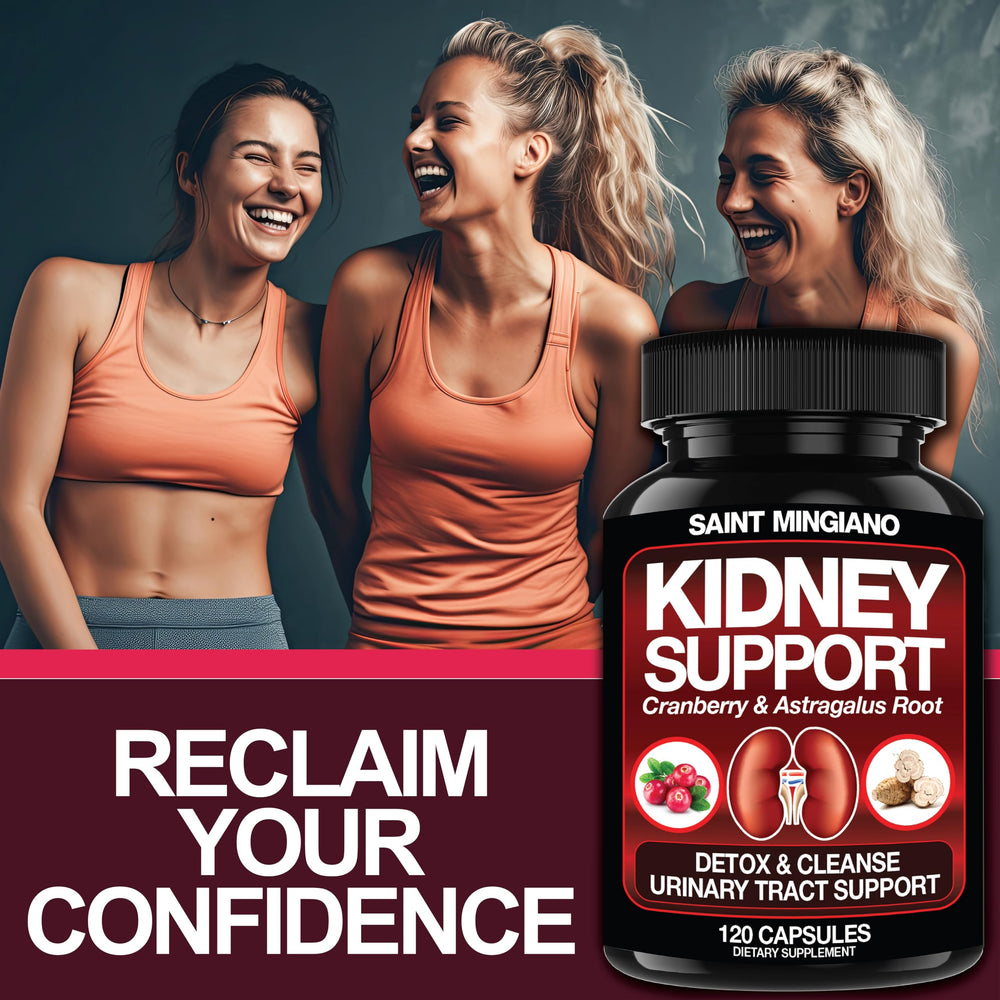 Saint Mingiano Kidney Support capsules close-up highlighting herbal blend.