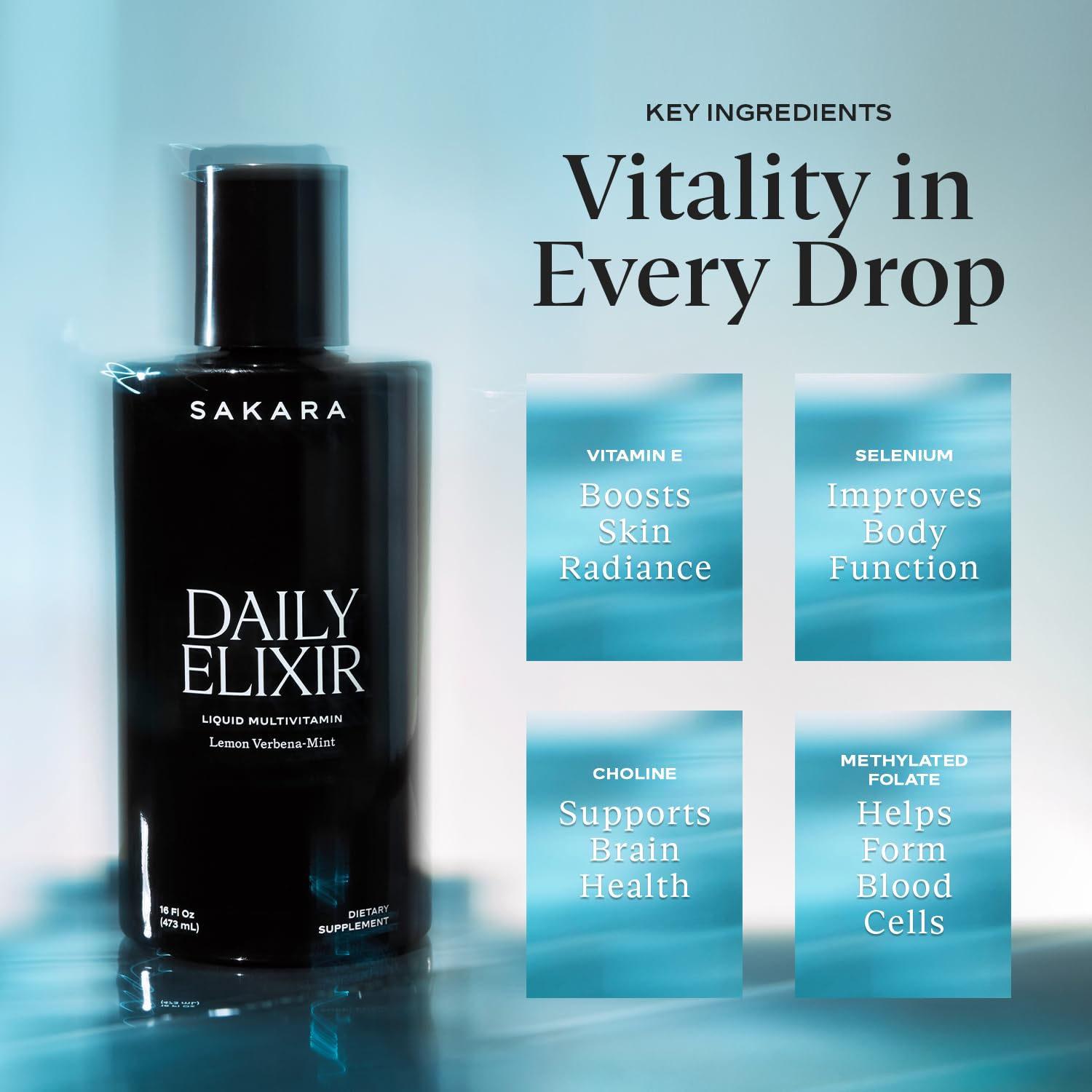 SAKARA Daily Elixir glass pouring into water for easy mixing.