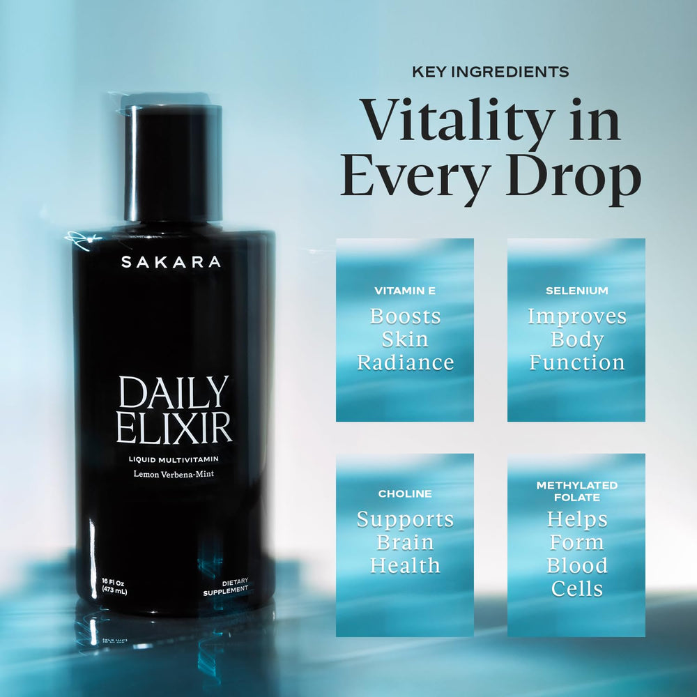 SAKARA Daily Elixir glass pouring into water for easy mixing.