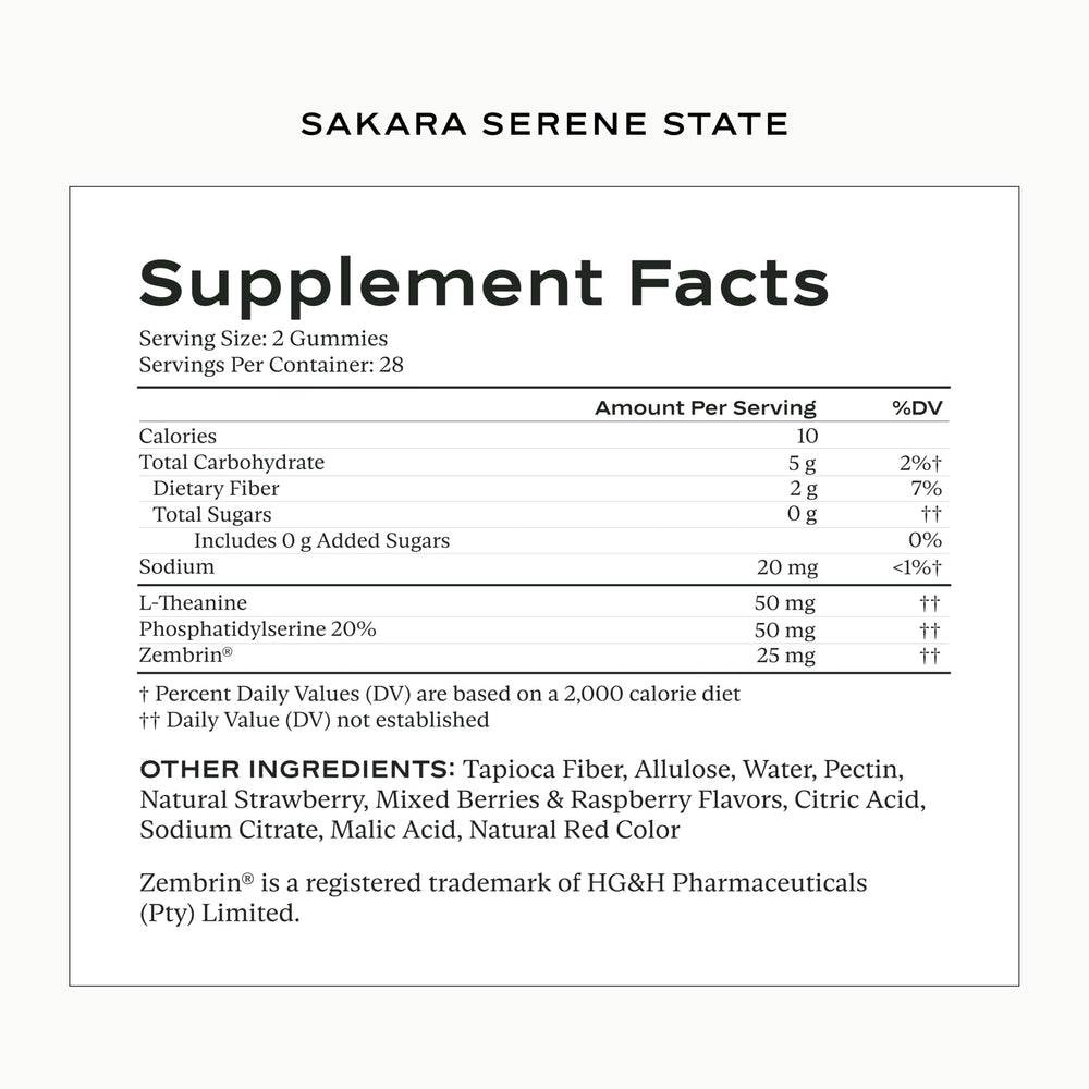 SAKARA Serene State gummies flatlay highlights wildberry color and convenient bite-sized calm support.